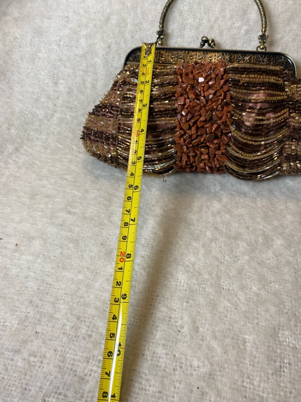 Beaded Brown Evening Clutch with Stone Center and Ornate Frame - Picture 7 of 8